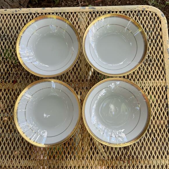 Vtg Noritake Coupe Soup Bowls Manor Gold 7.5 inch Contemporary Fine China Set/4 - Picture 1 of 7